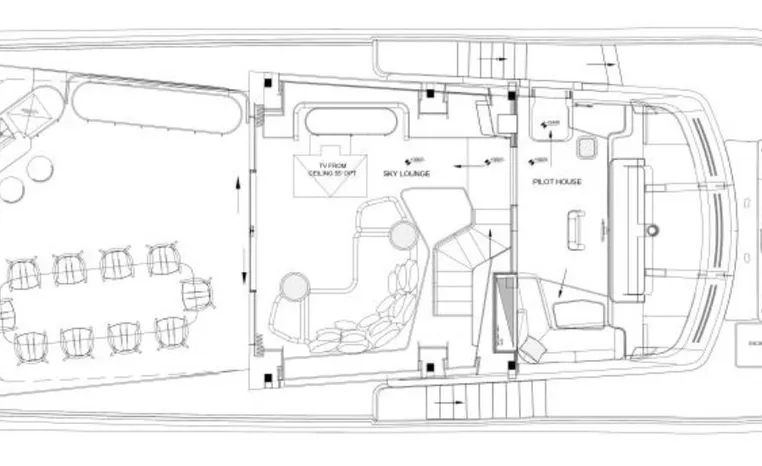 Upper deck layout of 2024 Azimut Magellano 30M yacht, featuring seating and navigation areas.
