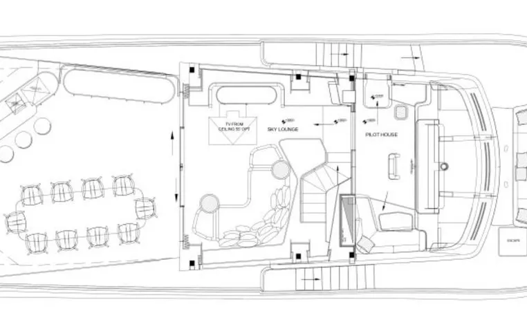 Upper deck layout of 2024 Azimut Magellano 30M yacht, featuring seating and navigation areas.