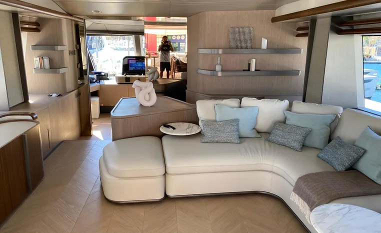 Luxurious interior of 2024 Azimut Magellano 30M yacht with modern furnishings and elegant design.
